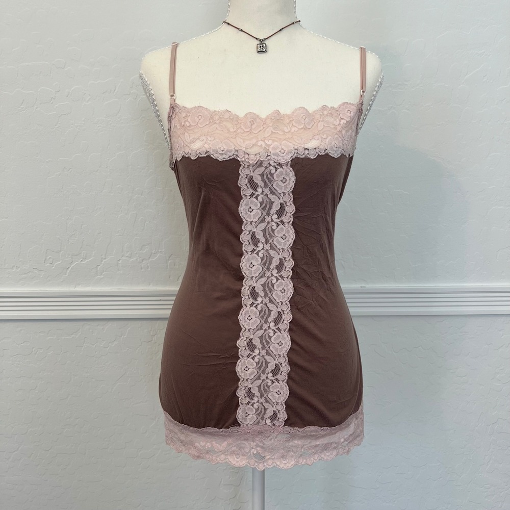 vintage y2k brown and pink lace trim cami tank top